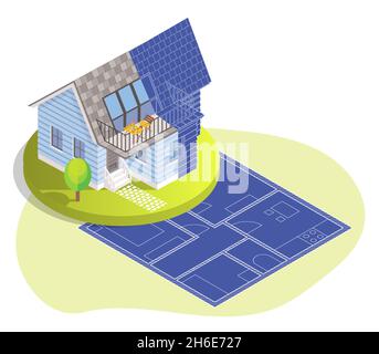 Costruzione di casa su progetto, illustrazione isometrica vettoriale. Disegno di pianta della casa, progetto architettonico, progetto di costruzione Illustrazione Vettoriale