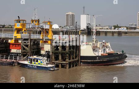 Un membro dell'equipaggio sul traghetto di Woolwich è morto dopo essere caduti dalla barca nel Tamigi nel sud-est di Londra questa mattina. Il 19-year-old è pensato per essere stato colpito dalle eliche del traghetto nell'incidente a circa 06:10 BST. Il traghetto di Woolwich, un servizio gratuito tra Woolwich e North Woolwich, è stato sospeso tutto il giorno durante un'indagine. Foto Stock