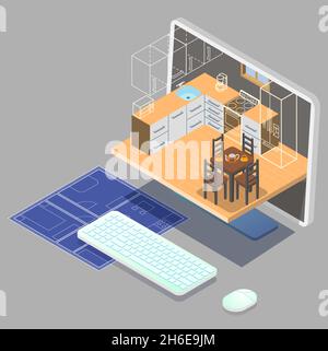 Servizio online di design degli interni. Mobili da cucina modelli 3d su schermo di computer, casa blueprint, illustrazione vettoriale. Illustrazione Vettoriale