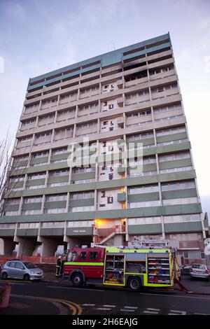 Fred Wigg Casa in Leytonstone dove un fuoco è scoppiato dopo madre-di-cinque Shipa Begum aveva lasciato i capelli raddrizzatori su un letto causando un fuoco per rompere in appartamento. Gli equipaggi hanno combattuto per quasi cinque ore per spegnere le fiamme mentre i residenti, alcuni a piedi nudi e in pantaloncini e T-shirt, guardavano. Due donne sono state ricoverate in ospedale, una con ipotermia e una con problemi respiratori. Un terzo paziente è stato trattato sulla scena. Foto Stock