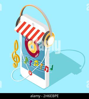 Negozio di musica online, illustrazione isometrica vettoriale. Smartphone con cuffie e note musicali. Illustrazione Vettoriale