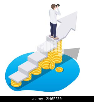 Un uomo d'affari che si erge sulla crescita dei ricavi grafico crescente, un'illustrazione isometrica vettoriale piatta. Reddito, profitto. Illustrazione Vettoriale