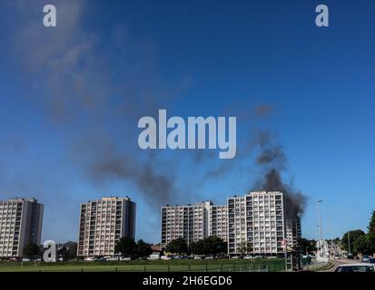 I vigili del fuoco affrontano un bizzarri in un blocco residenziale di appartamenti al largo di Broadmead Road a Woodford, Londra orientale. Foto Stock