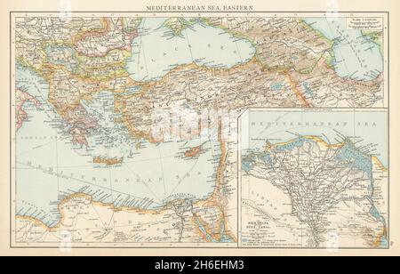 Mar Mediterraneo orientale. Delta del Nilo. Canale di Suez. LA VECCHIA mappa TIMES 1895 Foto Stock