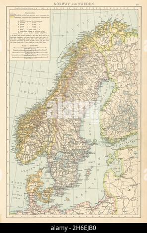 Norvegia e Svezia. Scandinavia. Danimarca. IL TIMES 1895 antica mappa cartografica antica Foto Stock