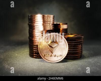 Rendering 3D di pile di monete Ethereum su sfondo nero Foto Stock