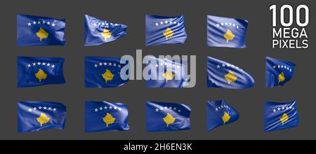 Kosovo flag isolato - vari rendering realistici della bandiera ondeggiante su sfondo grigio - oggetto illustrazione 3D Foto Stock
