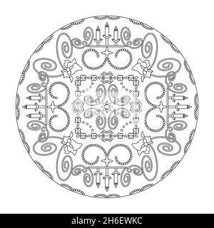 Pagina da colorare di Natale. Mandala con portacandele e spirali. Art Therapy. Bianco e nero. Illustrazione vettoriale Illustrazione Vettoriale