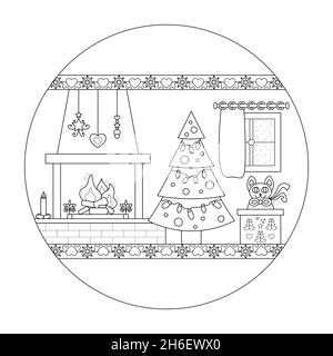 Camino a legna, albero di Natale e gatto che escono da una scatola regalo . Atmosfera confortevole. Mandala di Natale. Illustrazione vettoriale. Illustrazione Vettoriale