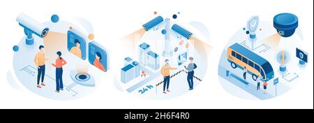 Controllo video di sorveglianza della città con telecamere di sicurezza stradale CCTV, illustrazione isometrica vettoriale piatta. Pubblica sicurezza. Illustrazione Vettoriale