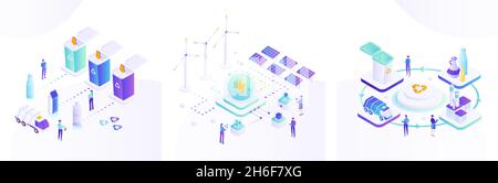 Smaltimento e riciclaggio dei rifiuti, illustrazione isometrica vettoriale. Energia verde, separazione rifiuti, impianto di riciclaggio rifiuti. Illustrazione Vettoriale