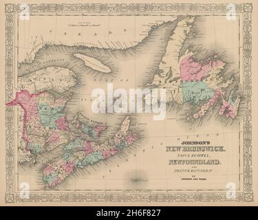 Johnson's New Brunswick, Nova Scotia, Terranova e Prince Edward Id. mappa 1865 Foto Stock