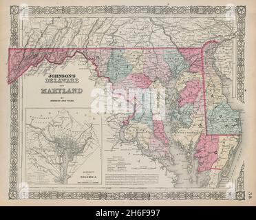 Johnson's Delaware, Maryland e District of Columbia. Contee 1865 vecchia mappa Foto Stock