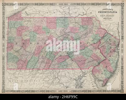 Johnson's Pennsylvania e New Jersey. Mappa dello stato DEGLI STATI UNITI che mostra le contee 1865 Foto Stock