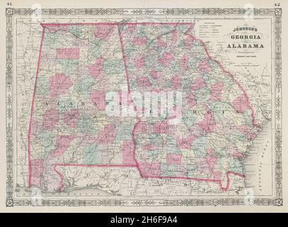 Johnson's Georgia & Alabama. MAPPA dello stato DEGLI STATI UNITI che mostra le contee di 1865 anni Foto Stock