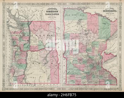 Johnson's, Oregon, Washington e Minnesota. Mappa dello stato DEGLI STATI UNITI che mostra le contee 1865 Foto Stock
