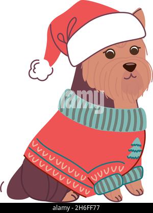 Cane Yorkshire Terrier nel maglione di Capodanno e Santa Hat. Illustrazione vettoriale in stile piatto isolata su sfondo bianco Illustrazione Vettoriale