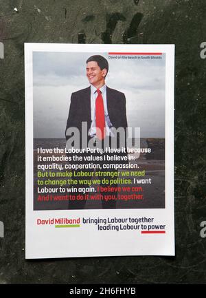 Il ballottaggio si apre alle elezioni di leadership del Partito Laburista domani (Lunedi 16 agosto) Foto mostra: Il volantino della campagna candidato per David Miliband Foto Stock