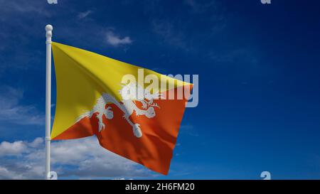 Regno di bandiera del Bhutan, sventolando nel vento. Rendering 3d, CGI Foto Stock