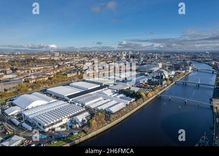 Vista aerea del COP26 Climate Summit Site a Glasgow presso il SEC Campus Foto Stock