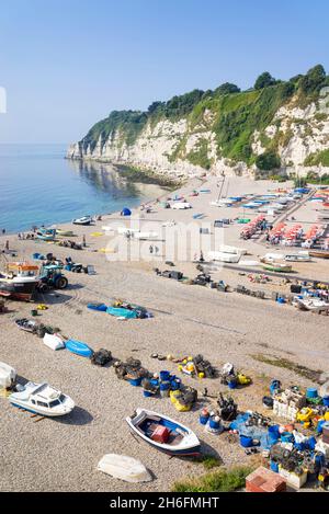 Beer Devon un sacco di persone si sono seduti sulla spiaggia di ciottoli tra le barche da pesca sulla spiaggia di Beer Devon Inghilterra UK GB Europa Foto Stock