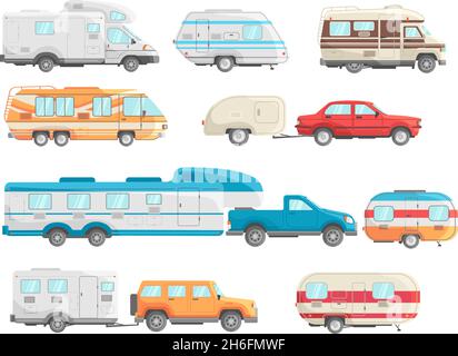 Auto per camper. Camper caravan, auto da viaggio retrò, roulotte, veicolo per le vacanze, ruota per camper, carrelli per viaggiatori su strada, illustrazione vettoriale piatta del set di icone. Camper da viaggio caravan, rimorchio per camper Illustrazione Vettoriale