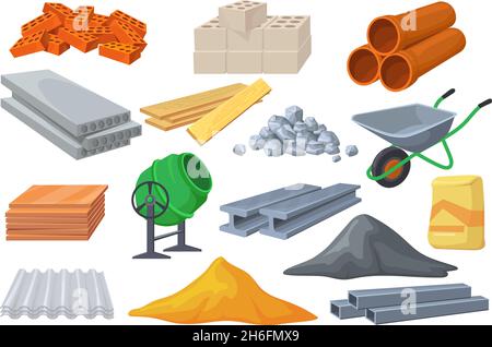 Cumuli di materiali da costruzione. Materiale da costruzione pile di pietre di cemento mattoni blocchi di muratura, tegole di metallo, assi di legno, vettore grezzo di calcestruzzo. Illustrazione della costruzione del palo, materiale di cumulo Illustrazione Vettoriale