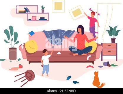 Caos della famiglia della mamma. Calma madre e naughty bambini casa camera, equanimity genitore in famiglia, genitori stress, i bambini correre e saltare il disordine al coperto, nutrire capretto garish vettore illustrazione Illustrazione Vettoriale