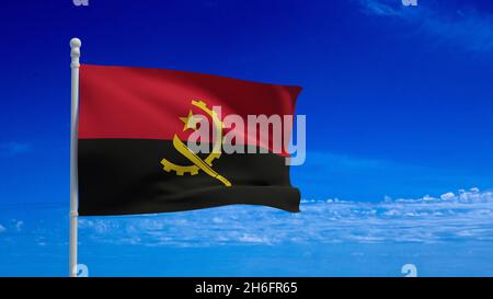 Bandiera nazionale della Repubblica dell'Angola, sventolando nel vento. Rendering 3d, CGI Foto Stock