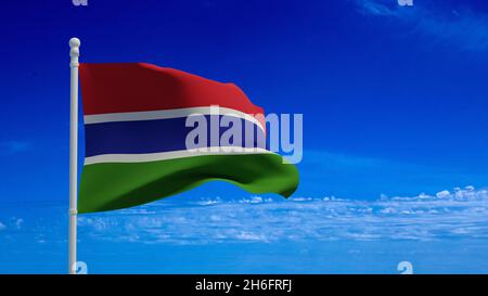 Bandiera della Repubblica della Gambia, sventolando nel vento. Rendering 3d, CGI Foto Stock