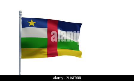 Bandiera nazionale della Repubblica Centrafricana, sventolando nel vento. Rendering 3d, CGI. Illustrazione, isolata su bianco Foto Stock