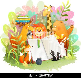 Bear and Animals Reading Story Book in Forest Illustrazione Vettoriale