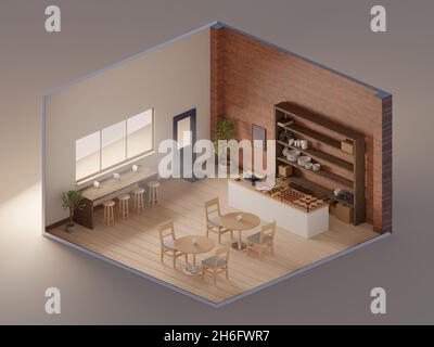 Vista isometrica minimal loft cafe store aperto all'interno architettura interna, rendering 3d. Ripiano in legno scuro, area d'attesa tavolo in legno sedia grigia, bric rosso Foto Stock