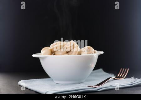 ciotola bianca di ravioli fumanti e una forchetta su tovagliolo blu isolato su sfondo nero Foto Stock