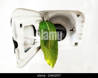 Eco-friendly e risparmio di carburante concetto di veicolo con foglie fresche verdi. Tecnologia moderna e minore consumo di carburante Foto Stock