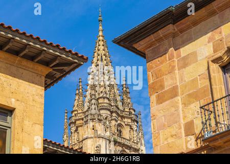 Vista della torre della Cattedrale di Oviedo, Uvieu, nelle Asturie. Foto Stock