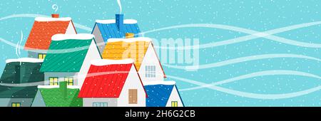 Magico villaggio d'inverno, con case colorate su uno sfondo di paesaggio innevato. Illustrazione vettoriale di holydas di Natale. Illustrazione Vettoriale