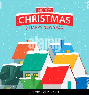 Biglietto di auguri di Natale, con case colorate su sfondo nevoso. Accogliente villaggio natale cartolina design vettoriale. Illustrazione Vettoriale