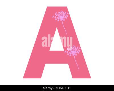 Lettera A dell'alfabeto realizzata con una silhouette di fiori rosa su sfondo rosa scuro, la lettera è isolata su sfondo bianco Foto Stock