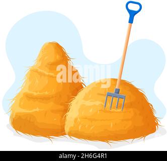 Balla di fieno, agricoltura rurale haying, paglia secca fieno con forcelle. haycock rurale, guaine di paglia, grano o spighe di segale illustrazione vettoriale. Asciugato Illustrazione Vettoriale