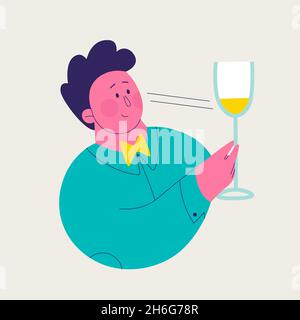 Illustrazione singola da una serie di degustazione di vini bianchi. Uomo carino che esplora il colore e l'ombra del vino. Illustrazioni isolate vettoriali trendy per Illustrazione Vettoriale