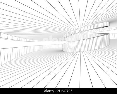 Sfondo interno a spirale astratto, disegni di cornici di fili di contorno, illustrazione di rendering 3d Foto Stock