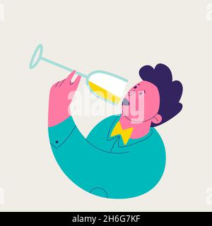 Illustrazione singola da una serie di degustazione di vini bianchi. Uomo carino bere vino bianco. Illustrazioni isolate vettoriali trendy per il design. Illustrazione Vettoriale