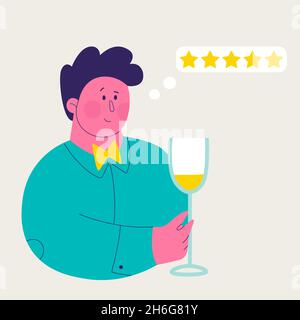 Illustrazione singola da una serie di degustazione di vini bianchi. L'uomo carino apprezza il vino bianco. Illustrazioni isolate vettoriali trendy per il design. Illustrazione Vettoriale