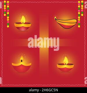 Icone di celebrazione di Diwali impostate con lampade ad olio bruciante di varia forma sull'illustrazione vettoriale. Illustrazione Vettoriale