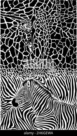 Giraffa e zebra con sfondo Illustrazione Vettoriale