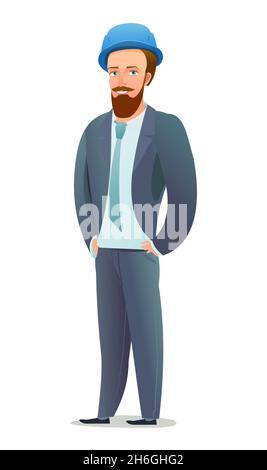 Uomo ingegnere in tuta e casco protettivo. Addetto all'ufficio in cantiere. Persona allegra. Posa in piedi. Stile fumetto fumetto a carattere singolo Illustrazione Vettoriale