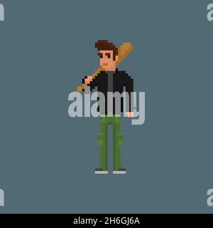 Personaggio criminale gangster. Uomo che tiene un pipistrello indossando giacca in pelle nera e pantaloni cargo, personaggio artistico a 8 bit pixel. Mafia, gangster thug retro Illustrazione Vettoriale