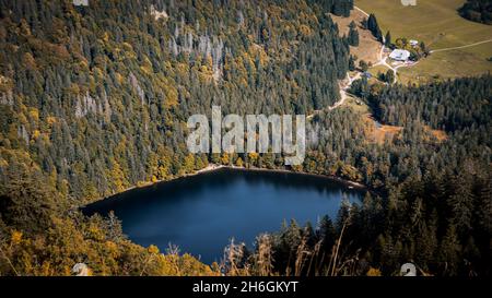 Vista aerea di un piccolo lago circondato da colline boscose Foto Stock