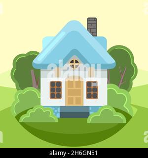 Piccola casa di campagna con pareti bianche e tetti blu chiaro. Divertente stile cartoon. Paese suburbano villaggio. Architettura tradizionale semplice Illustrazione Vettoriale